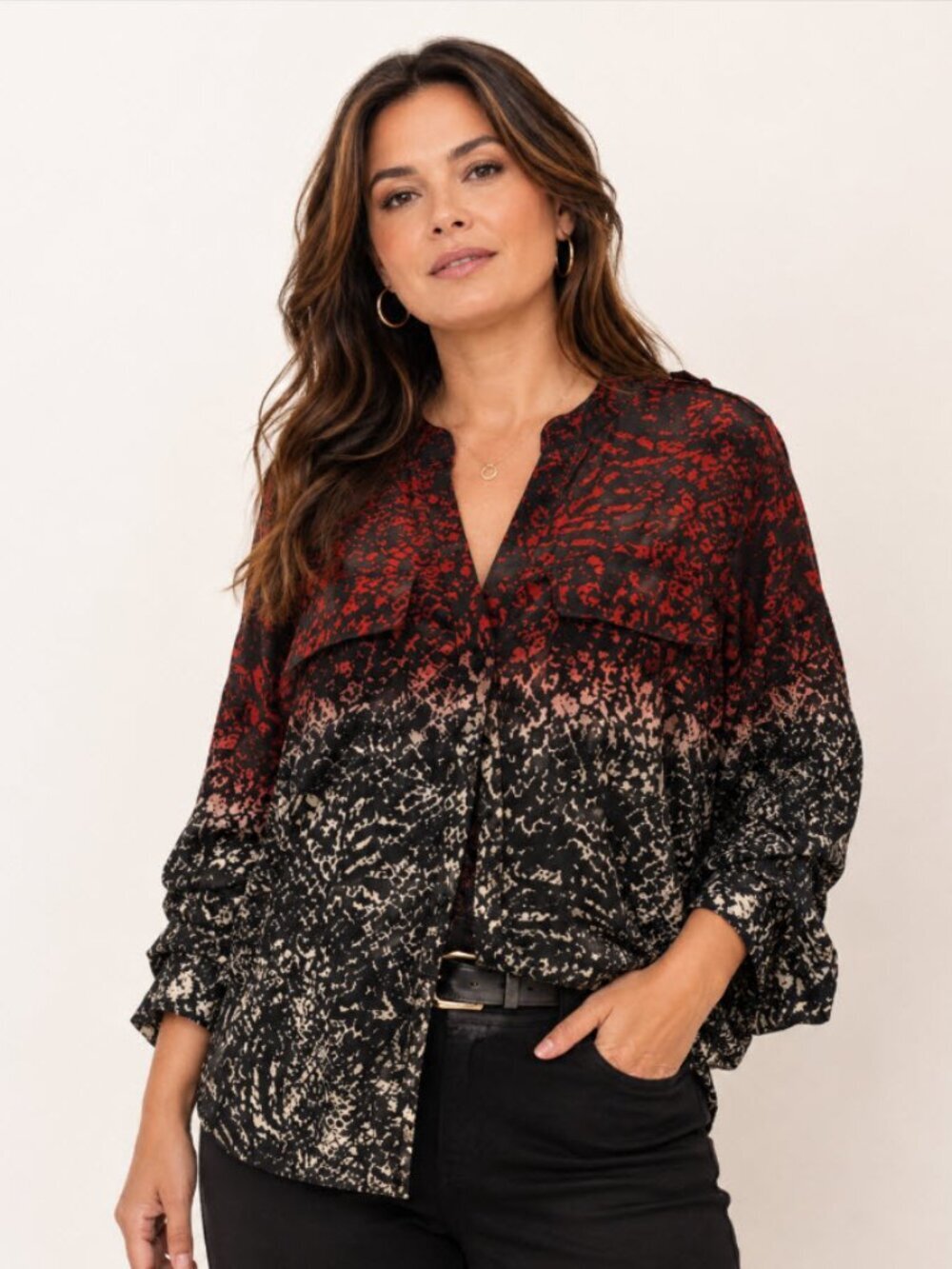 CALVIN KLEIN Animal Print Blouse Red and Black button down Top Size 0X